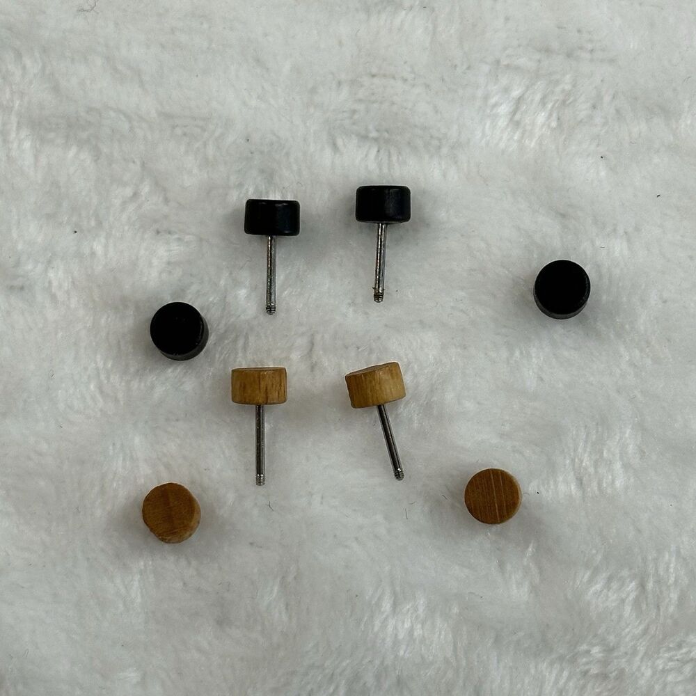 Barbell Stud Earrings Lot Wood & Black Dumbbell Style Unisex Minimalist‎ Gauges - Picture 3 of 4